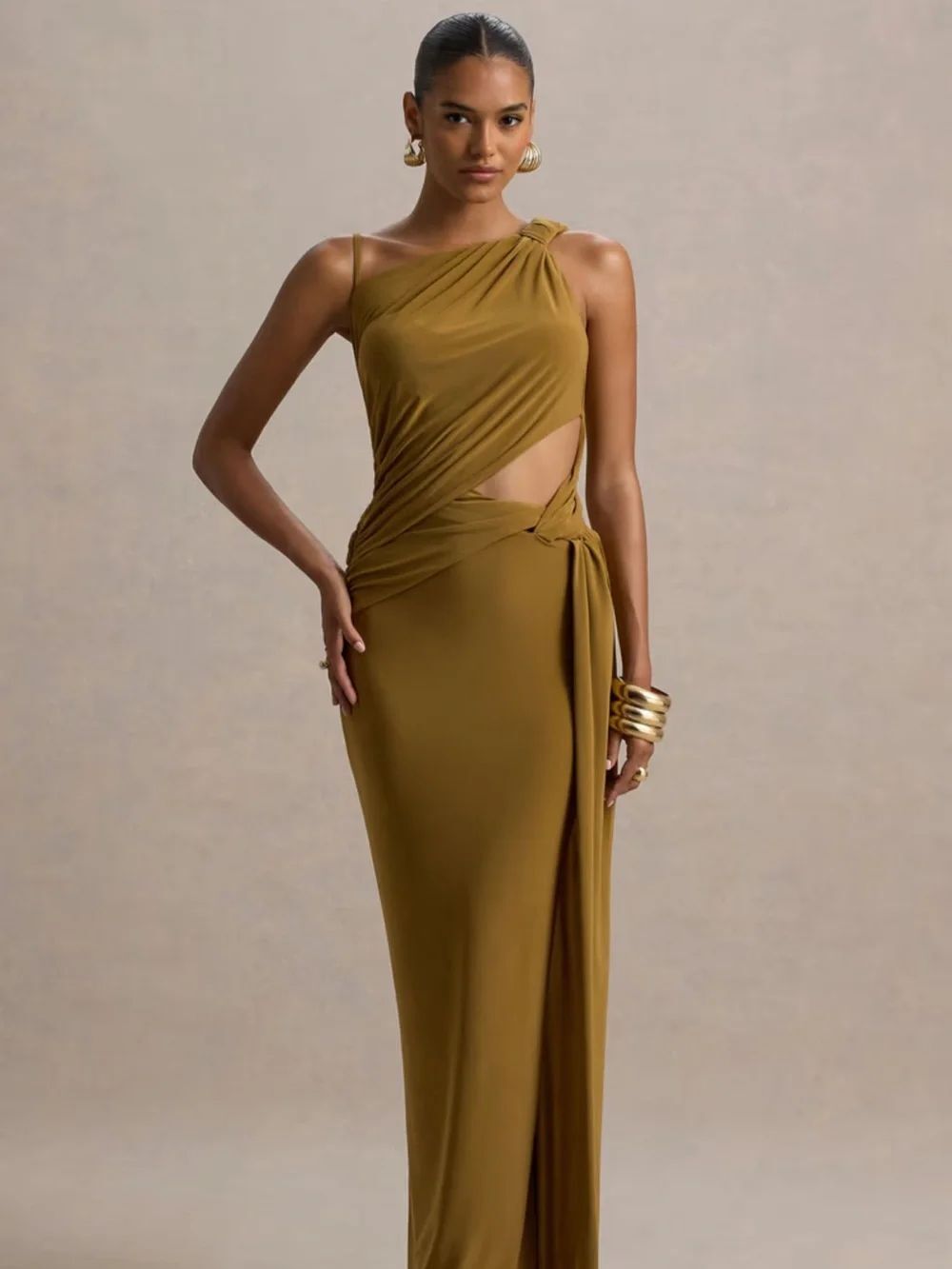 CLUB L London Storm Asymmetric One-Shoulder Olive Maxi Dress Size 6